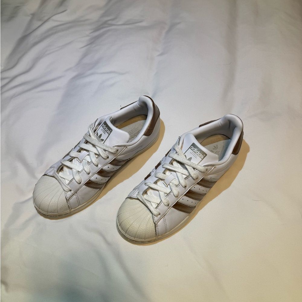 Women's adidas Superstar Sneakers | Classic White & Gold Shell Toe | Size 7
